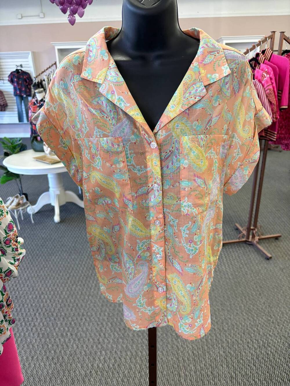 NEW DEAR JOHN DENIM women's the capri paisley button down top in peach